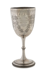 AN IMPORTANT PIECE OF AUSTRALIAN JEWISH HISTORY A silver kiddush cup (or chalice) by Hilliard & Thomason of Birmingham embellished with images of vine leaves and grapes and with the engraved dedication "Presented to the REV. A.B. DAVIS on completion of his 70th year by his BROTHER MINISTERS of the GREAT SYNAGOGUE - J. H. LANDAU. A.D. WOLINSKI. Ph. PHILIPPSTEIN. SYDNEY - Aug.15th 5658/1898"