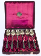 New Zealand green-stone and sterling silver set of 6 tea-spoons in original fitted box from H.W.LLOYD of Wellington, circa 1900