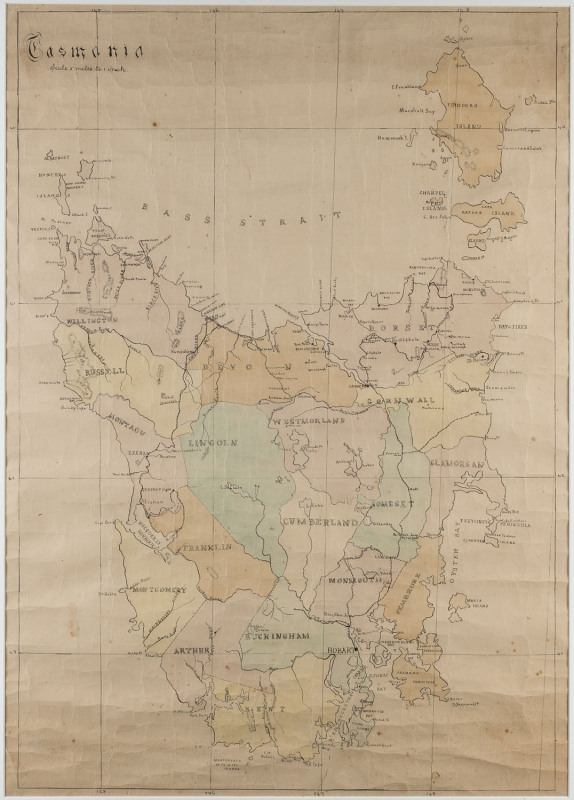 "Tasmania", hand coloured lithograph showing 18 former counties of Tasmania, scale: 5 miles to 1 inch,74cm x 52cm