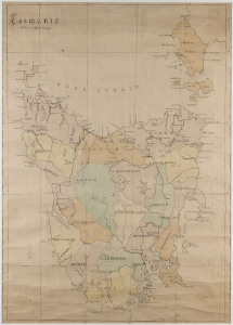 "Tasmania", hand coloured lithograph showing 18 former counties of Tasmania, scale: 5 miles to 1 inch,74cm x 52cm