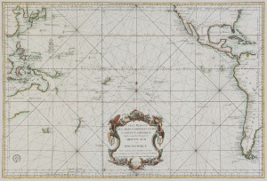BELLIN, Jacques Nicolas, 1776Carte Reduite des Mers Comprises Entre l'Asie et l'Amerique Apelees par les Navigateurs Mer du Sud ou Mer Pacifique... ; Paris, 1776, 63 x 89cm.The chart focuses on the South Pacific, extending to China, Korea & Japan in the northwest and to Virginia and California in the northeast. Place names are given along the coasts, while the interiors are left almost entirely blank. This map was published after Captain Cook's second voyage and includes depictions of th