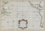 BELLIN, Jacques Nicolas, 1776Carte Reduite des Mers Comprises Entre l'Asie et l'Amerique Apelees par les Navigateurs Mer du Sud ou Mer Pacifique... ; Paris, 1776, 63 x 89cm.The chart focuses on the South Pacific, extending to China, Korea & Japan in the n