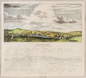 After J. Adamson. Melbourne From The South Side Of The Yarra Yarra, 1839 lithograph, with later hand colouring and printed in 1881 artist’s and engraver’s names with text and legend, title and date below image, 36 x 39cm