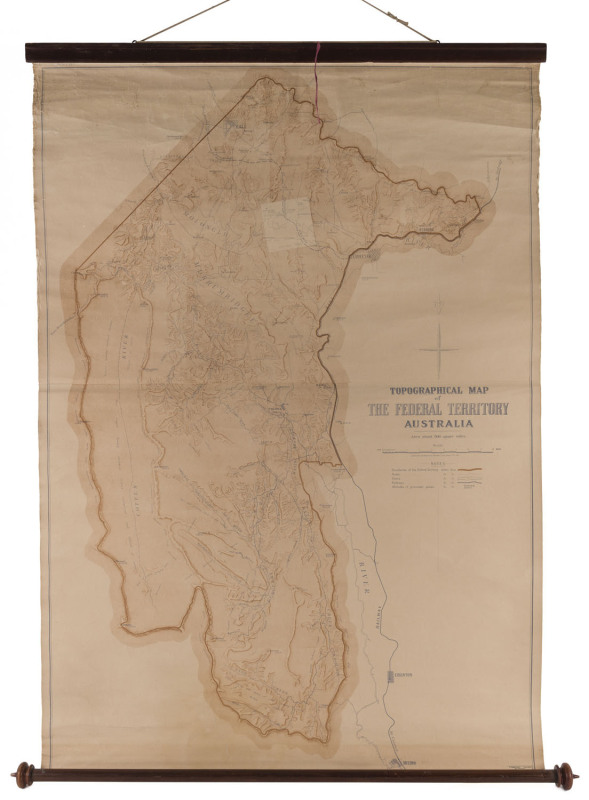 Topographical Map of THE FEDERAL TERRITORY Australia Compiled, Drawn and Printed at the Department of Lands, Sydney, 1910 90 x 125cm supported on a turned cedar roll by the noted map mounter J.Creffield of Melbourne.