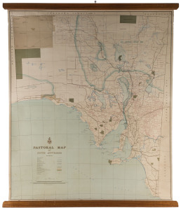 H. J. WALL Pastoral Map of South Australia compiled in the office of the Surveyor General; H.J.Wall Cheif Lithographer, Adelaide, 1972, laid down on canvas, 115 x 100cm