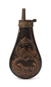 A copper powder horn with embossed hunting dog motif, 19th century, 16cm high