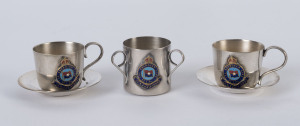 S.S. EURIPIDES - Australian Troop Transport ship, 1914 Souvenir miniature tea set comprising 2 cups and saucers and a sugar jar, all with brass and enamel Aberdeen Line/Euripides emblems applied.