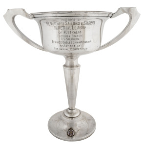 Military silver plated trophy engraved "Presented By Returned Sailors And Soldiers Imperial League Of Australia (Victoria Branch) Ex-Soldiers Tennis Double Championship Of Australia. For Annual Competition.". Perpetual trophy engraved with all the winners from 1935-1967, 37cm high