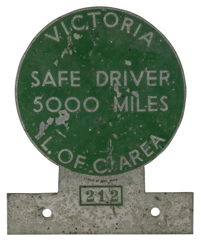 WW2 Period military vehicle badge "Victoria Safe Driver 5000 Miles, L. Of C. Area, #212", stamped "Stokes & Sons, Melb.". During the war years women took up many jobs on the home front including military drivers. These medals were given to drivers upon ac