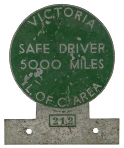 WW2 Period military vehicle badge "Victoria Safe Driver 5000 Miles, L. Of C. Area, #212", stamped "Stokes & Sons, Melb.". During the war years women took up many jobs on the home front including military drivers. These medals were given to drivers upon accomplishing milestones. 17cm high