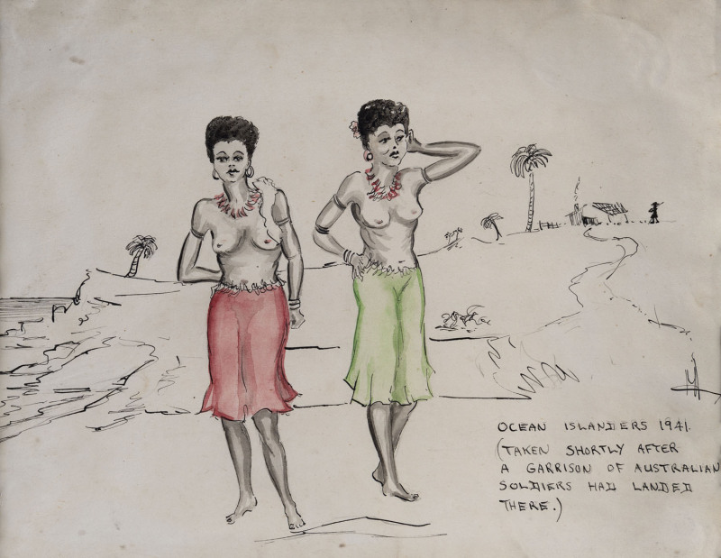 UNKNOWN SOLDIER/ARTIST WITH A SENSE OF HUMOUR A pair of pen and watercolour illustrations titled "Ocean Islanderss 1941" and "Ocean Islanders 1946".