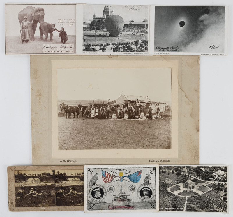 AUSTRALIA: c1865 stereo-view titled verso "Dight's Falls" (showing the paper mills in the background); a mounted photgraph, circa 1890 by J.H.Garden of Dulwich (depicting shearers, ewes and fleeces at Pulpara Station); 2 RP postcards depicting the King Ed