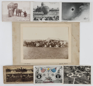 AUSTRALIA: c1865 stereo-view titled verso "Dight's Falls" (showing the paper mills in the background); a mounted photgraph, circa 1890 by J.H.Garden of Dulwich (depicting shearers, ewes and fleeces at Pulpara Station); 2 RP postcards depicting the King Edward VII balloon taking off and in flight from the Melbourne Exhibition Buildings, plus 3 other items. (Total: 7).