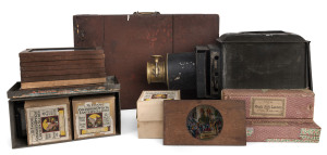 Magic Lantern in timber box and associated slides, 19th century, 28cm high