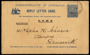 REPLY LETTERCARD: 1911 (BW:LC13) 1d Full Face KGV in blue on buff, outer portion only, with "ZOO, ADELAIDE, S.A." view [142B] overprinted "O.H.M.S." (sans-serif setting) for the W.A. Bureau of Statistics; FU July 1913 for local delivery at DENMARK. Rare. 