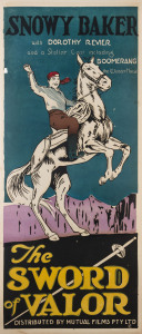 MOVIE POSTER THE SWORD OF VALOUR 1924 Colour linocut, initialled "R.R." in block lower right, 102 x 38cm. Linen backed. Text continues "Snowy Baker with Dorothy Revier and a stellar cast including Boomerang, the wonder horse. Distributed by Mutual Film