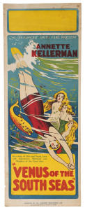 MOVIE POSTER VENUS OF THE SOUTH SEAS 1924 Colour lithograph, by Jno.Evans & Son, Kent St., Sydney 101 x 37cm. Backed on thick cardboard. Text continues "Beaumont Smith Films Present ANNETTE KELLERMAN In a story of Girls and Pearls, Love and Adventures, Mermaids and Wonders of the Coral Isles."