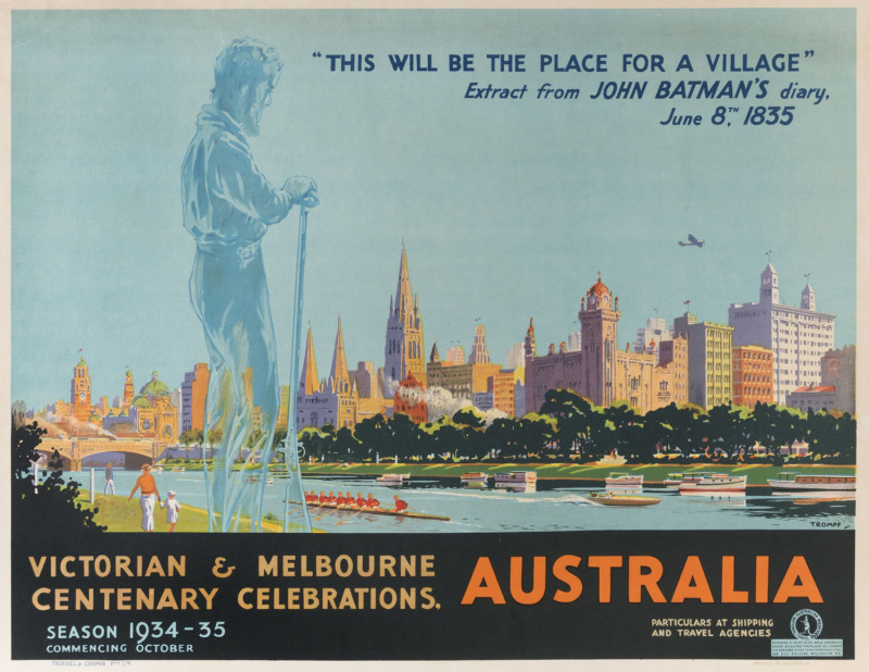 PERCY TROMPF [1902-1964] Victorian & Melbourne Centenary Celebrations, Australia. 1934 Colour lithograph, signed and with Australian National Travel Association logo in image at lower right, 50 x 63cm. Linen-backed.