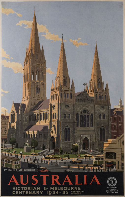PERCY TROMPF [1902 - 1964] Australia. Victorian And Melbourne Centenary 1934 - 35, c1934 Colour lithograph, signed and with ANTA logo in image lower right, 101 x 62.5cm. Linen-backed.