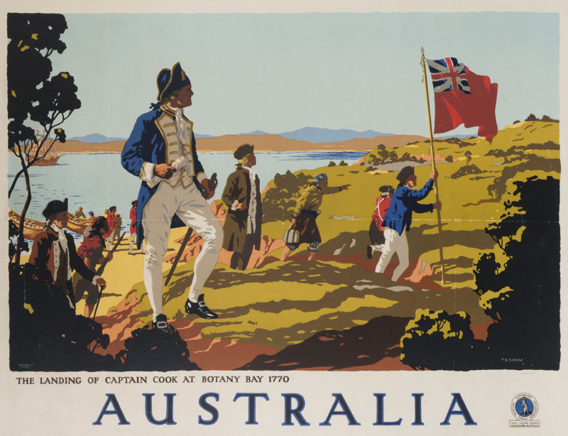 PERCY TROMPF [1902-1964] Australia. The Landing of Captain Cook at Botany Bay 1770, c1935 Colour lithograph, signed in image lower right, 48 x 62cm. Linen-backed.