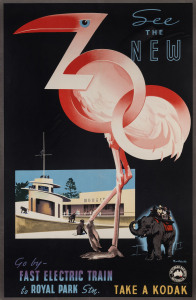 JAMES NORTHFIELD [1888 - 1973] See The New Zoo. Go By Fast Electric Train To Royal Park Stn, Take a Kodak. c1939, colour lithograph, signed and with Victorian Railways logo in image lower right, 101 x 64cm. Linen-backed. "Poster No. 199." below logo.