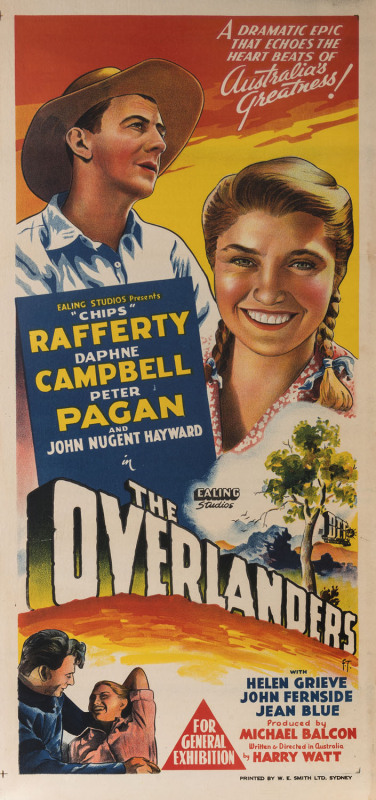 MOVIE POSTER THE OVERLANDERS 1946 Colour lithograph, initialled "F.T." in image lower right, 77 x 35cm. Linen-backed. Text reads "A dramatic epic that echoes the heart beats of Australia's greatness!" Written and directed in Australia by Harry Watt....