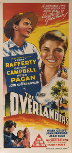 MOVIE POSTER THE OVERLANDERS 1946 Colour lithograph, initialled "F.T." in image lower right, 77 x 35cm. Linen-backed. Text reads "A dramatic epic that echoes the heart beats of Australia's greatness!" Written and directed in Australia by Harry Watt.... Printed by W.E. Smith Ltd., Sydney."