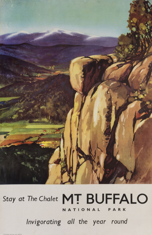 Stay At The Chalet Mt Buffalo National Park, Invigorating all the year round. c1950s, colour process lithograph, 99 x 62cm. Linen-backed. Text at base: "W.M. Houston, Government Printer, Melbourne."