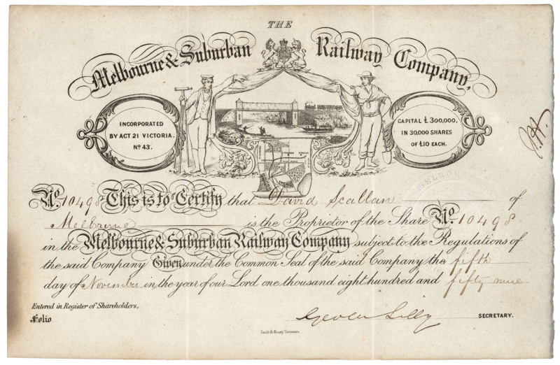 The Melbourne & Suburban Railway Company, share certificate issued to David Scallan of Melbourne, November 1859. Very attractive and scarce with a cartouche depicting the railway bridge over the Yarra and a map showing the proposed route of the service. 