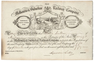 The Melbourne & Suburban Railway Company, share certificate issued to David Scallan of Melbourne, November 1859. Very attractive and scarce with a cartouche depicting the railway bridge over the Yarra and a map showing the proposed route of the service. Printed by Sands & Kenny. 15.5 x 24cm.