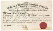 St Kilda & Brighton Railway Company, share certificate issued to Henry Austin, dated September 1859 and with the seal of the company. Printed by Sands & Kenny.