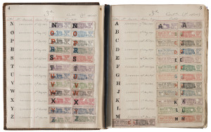 AN OFFICIAL SAMPLE BOOK OF MELBOURNE OMNIBUS & TRAMWAYS TICKETS 1869 - 1915 A leather-bound hardcover book, 26.5 x 20.5cm, red panel with gilt title "SAMPLE TICKETS" to spine, containing an astonishing range of tickets affixed to the pages and accompanied by extensive manuscript information regarding the numbers issued, dates issued, returned, withdrawn or unused quantities, etc.