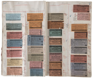 MELBOURNE TRAMWAYS and OMNIBUS COMPANY LIMITED - TRANSFER TICKETS 1887 - 1911 A companion volume to the previous lot. A large format ledger (33 x 20.5cm) with printed introductory pages followed by 100s of different "transfer tickets" and manuscript annotated pages providing information about the dates of issue, relevant line, advertising on the coupons, etc.