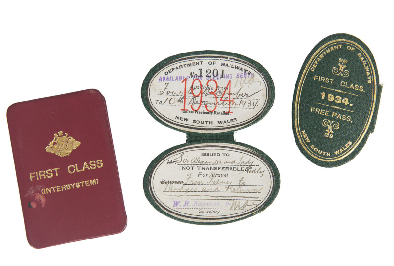 ANZAC/ RAILWAYS: General Sir Alexander Godley (Commandant of the New Zealand Military Forces & Commander of the Australian & NZ Division at Gallipoli): Group of 3 First Class Railway Passes from his 1934 trip to Australia - one by Government Railways of A