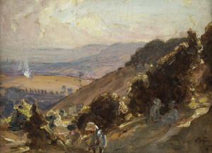 ALBERT HENRY FULLWOOD (1863-1930), figures in mountain landscape, oil on board, monogram lower right "A. H. F.", 13 x 18cm