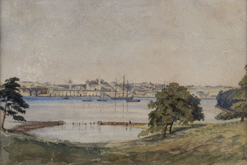 Colonial School (19th century), Sailing boats in a harbour (location unknown), watercolour on paper, 17 x 24cm.
