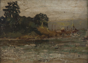 ARTIST UNKNOWN (19th century, Australian school), harbour scene, oil on card, gallery number "145" on frame and stretcher, 