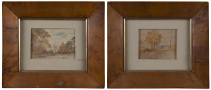 Australian School, (19th Century), I) buggy in landscape, II) landscape, watercolour on card, pencil inscription verso "Mr Pierce", later Tasmanian huon pine frames, 12 x 14cm, frames 29 x 34cm