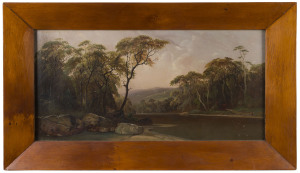 DANIEL CHARLES GROSE (1838-1890) Tasmanian river scene, oil on card, signed lower left "D. C. Grose", huon pine frame, 27cm x 57cm