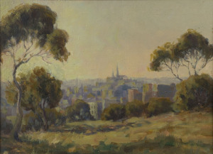 FLORENCE DEARLING (1895-1988), Melbourne skyline from Studley Park, oil on card, fiddleback blackwood frame with gilt slip, additional still life verso with pencil inscription (faint), 27cm x 37cm
