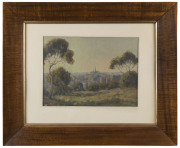 FLORENCE DEARLING (1895-1988), Melbourne skyline from Studley Park, oil on card, fiddleback blackwood frame with gilt slip, additional still life verso with pencil inscription (faint), 27cm x 37cm - 2