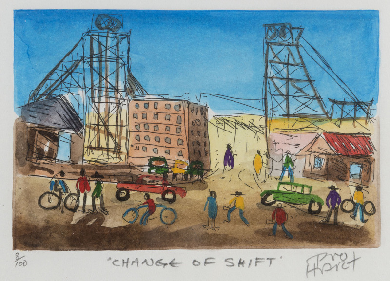 KEVIN CHARLES (PRO) HART (1928-2006), Change Of Shift, colour lithograph, editioned and signed in the lower margin "8/100, Pro Hart", ​18 x 22cm