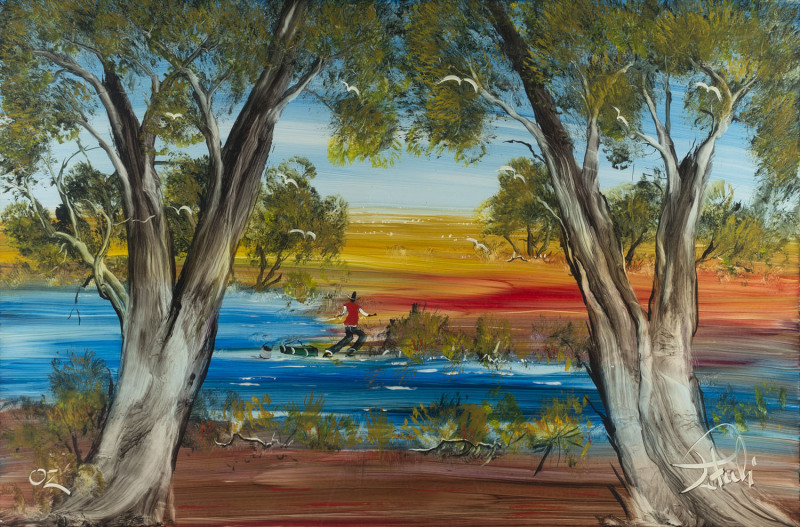 NICK PETALI (1932-1914), billabong scene, oil on board, signed lower right "Petali '02", 60 x 90cm