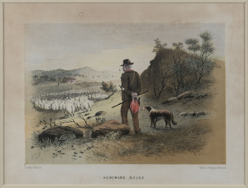 SAMUEL THOMAS GILL (1818-80), Homeward Bound & Squatter's Tiger, two colour lithographs from The Australian Sketch Book, printed by Hamel & Ferguson, initialed "S.T.G. in the plate at left, each 17 x 25cm (2).