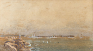 FRED ELLIOTT [Sydney Harbour showing the U.S. Naval Tour ships coming in.] c.1925 watercolour, signed lower right 27 x 48cm