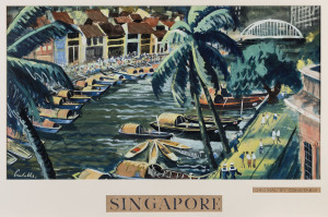 CONSTABLE, William Henry Archibald [Australia, 1906 - 1989] Singapore c1960s poster artwork in gouache and ink, signed "Constable" in image lower left, titled and with artist name in ink on slips in mount below image, 43 x 72cm (image).