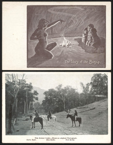 'The Kelly Gang - From an original Photograph' used RP card from the Regal Post Card Co's series based on the film 'The Story of the Kelly Gang' released in 1906; also a group of five Charles Nuttall cards including "The Story of the Bunyip", "The Palace of the King" and "After Tea"; also three shipping cards. All unused. (9).