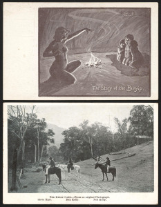 'The Kelly Gang - From an original Photograph' used RP card from the Regal Post Card Co's series based on the film 'The Story of the Kelly Gang' released in 1906; also a group of five Charles Nuttall cards including "The Story of the Bunyip", "The Palace 