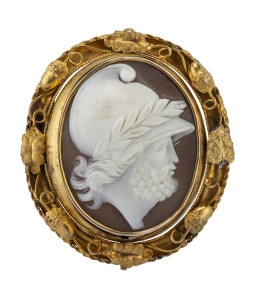 A fine neoclassical style cameo brooch set in 18ct gold mount with 22ct gold dipped finish, housed in a Newman (Melbourne) box, circa 1860,