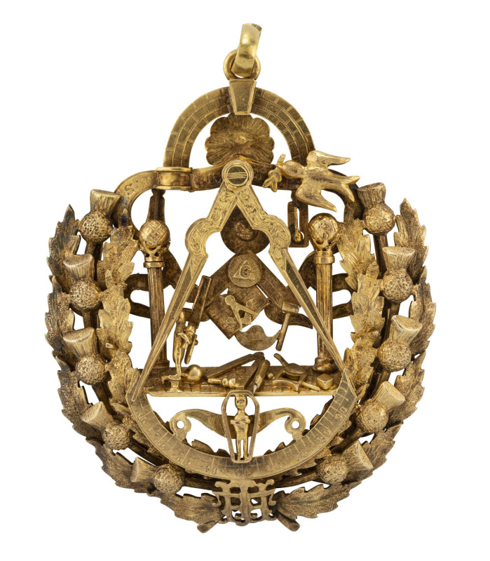 A superb 15ct gold Western Australian Masonic bespoke jewel, by Middlewick jewellers of Perth, early 20th century, inscribed " Presented to R.W.M. Bro. J. H. Trevaskis. By Brethren Of Lodge Sir William Wallace, 1932.", (Kalgoorlie) stamped "15ct. M", 45